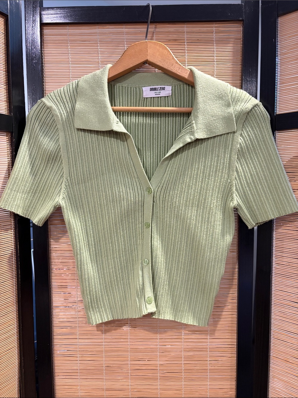 Double Zero Sage Green Ribbed Short-Sleeve Button-Up Top